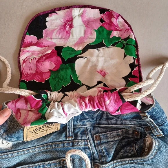 Handmade Original Design Upcycled Jeans Denim Drawstring Backpack Floral Lining - Picture 11 of 14